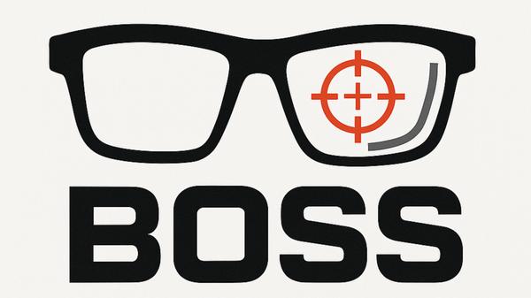 Logo for 'BOSS' with glasses and a target symbol on a white background